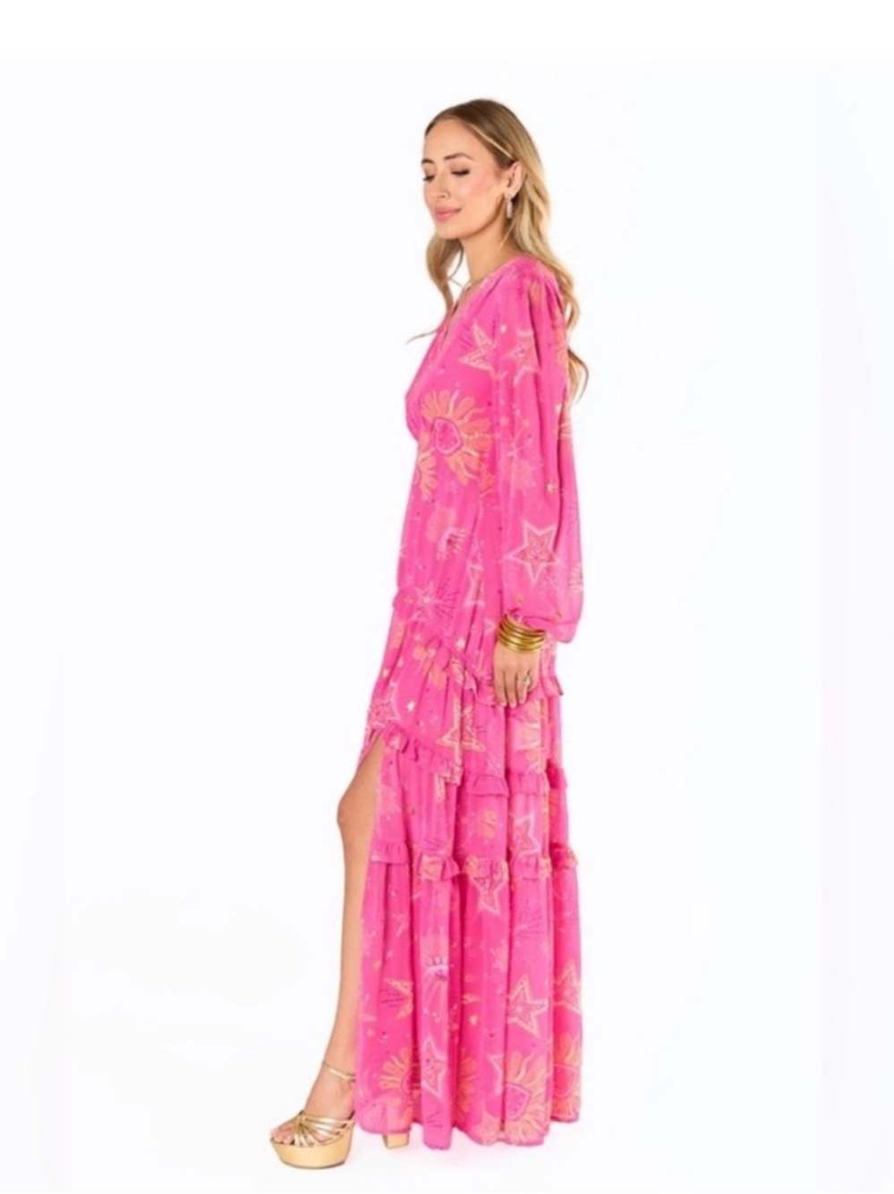 Buddy Love Hot Pink Sun and Star Zodiac Tiered Maxi Dress